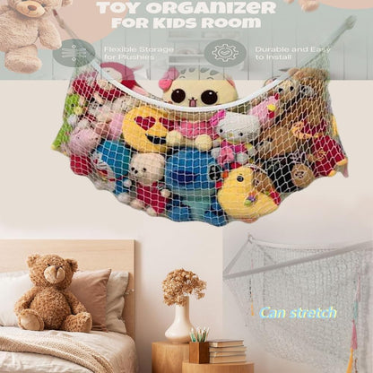 Stuffed Animal Hammock, Corner Wall Storage Net for Plush Toys, Polyester Hanging Organizer for Bedroom and Playroom Decor, White, 51 Inch, Includes Hooks