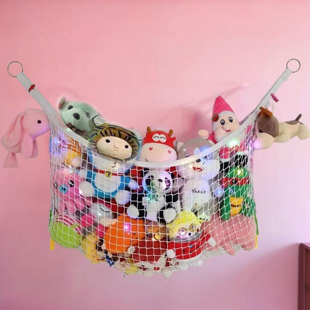 Stuffed Animal Hammock, Corner Wall Storage Net for Plush Toys, Polyester Hanging Organizer for Bedroom and Playroom Decor, White, 51 Inch, Includes Hooks