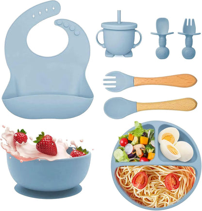Silicone Baby Feeding Set, 8pcs Baby Led Weaning Supplies With Suction Bowl Divided Plate, Toddler Led Weaning Self Feeding Utensils Dish Set with Spoons Forks Sippy Cup Bib BPA-Free