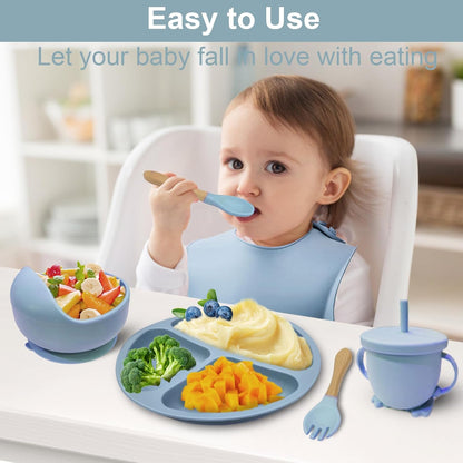 Silicone Baby Feeding Set, 8pcs Baby Led Weaning Supplies With Suction Bowl Divided Plate, Toddler Led Weaning Self Feeding Utensils Dish Set with Spoons Forks Sippy Cup Bib BPA-Free