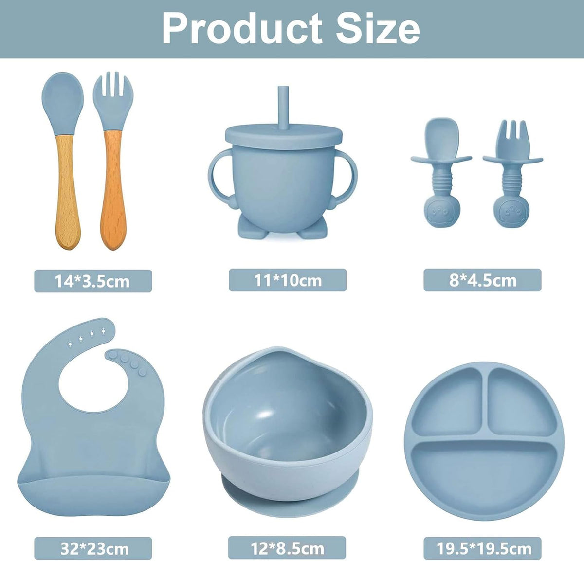 Silicone Baby Feeding Set, 8pcs Baby Led Weaning Supplies With Suction Bowl Divided Plate, Toddler Led Weaning Self Feeding Utensils Dish Set with Spoons Forks Sippy Cup Bib BPA-Free