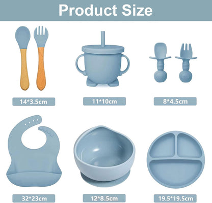 Silicone Baby Feeding Set, 8pcs Baby Led Weaning Supplies With Suction Bowl Divided Plate, Toddler Led Weaning Self Feeding Utensils Dish Set with Spoons Forks Sippy Cup Bib BPA-Free