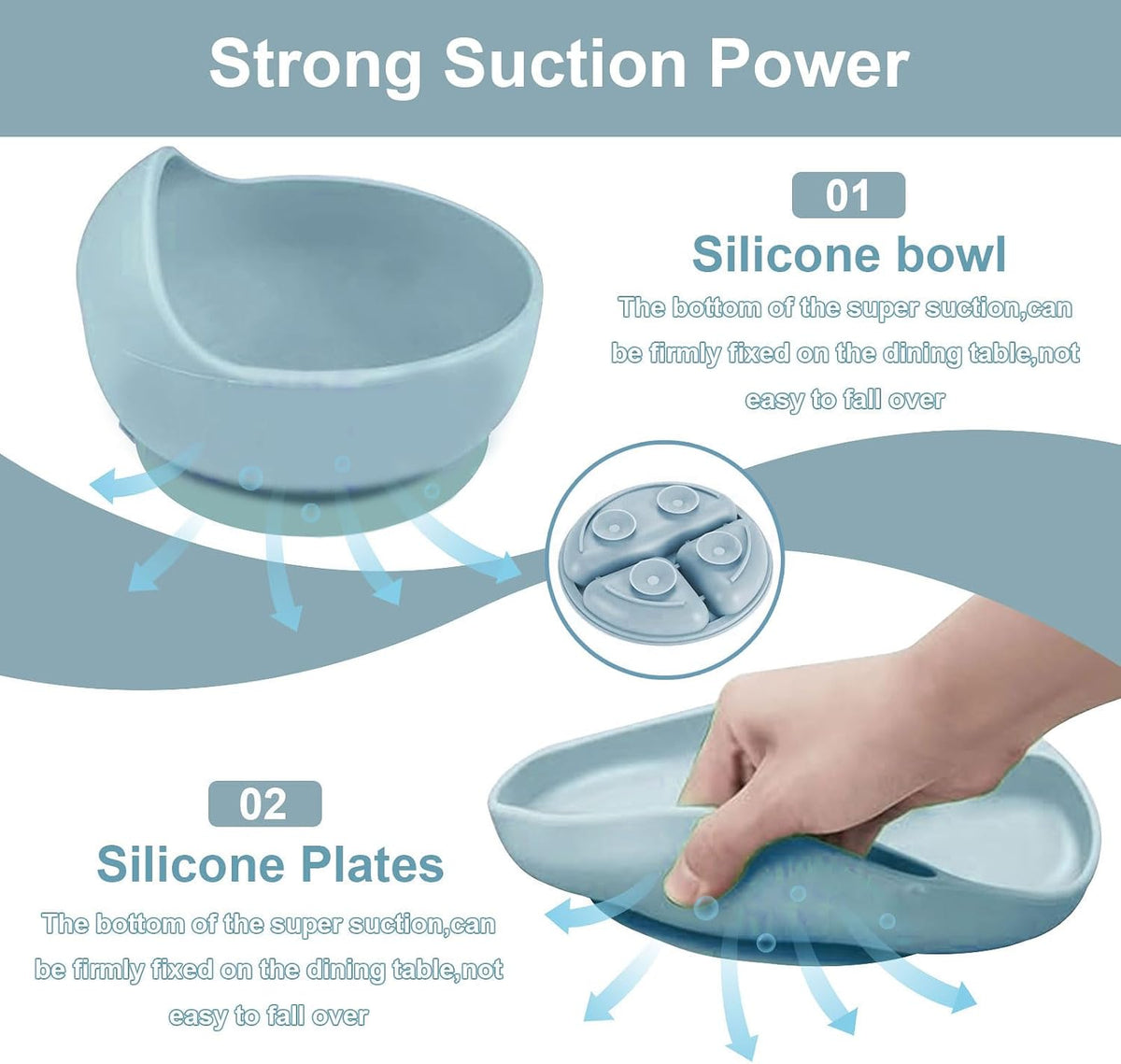 Silicone Baby Feeding Set, 8pcs Baby Led Weaning Supplies With Suction Bowl Divided Plate, Toddler Led Weaning Self Feeding Utensils Dish Set with Spoons Forks Sippy Cup Bib BPA-Free
