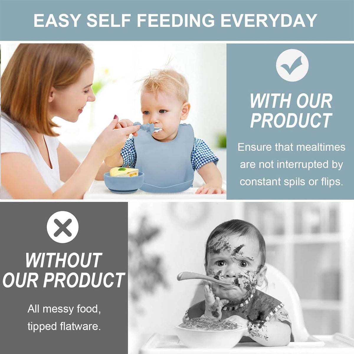 Silicone Baby Feeding Set, 8pcs Baby Led Weaning Supplies With Suction Bowl Divided Plate, Toddler Led Weaning Self Feeding Utensils Dish Set with Spoons Forks Sippy Cup Bib BPA-Free