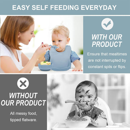Silicone Baby Feeding Set, 8pcs Baby Led Weaning Supplies With Suction Bowl Divided Plate, Toddler Led Weaning Self Feeding Utensils Dish Set with Spoons Forks Sippy Cup Bib BPA-Free