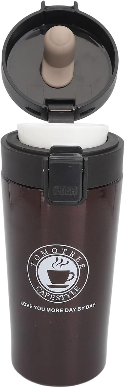 Insulated Coffee Cup Stainless Steel Vacuum Flask with Flip Lid for Travel Work Car Keeps Hot Leak Proof Portable (380ml)