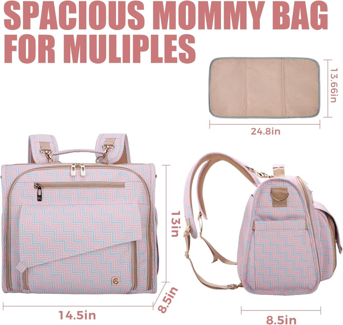 ALLCAMP Diaper Backpack, Waterproof Large Capacity Baby Bag, Multi-Function Nappy Bag with Stroller Hooks, Convertible Tote