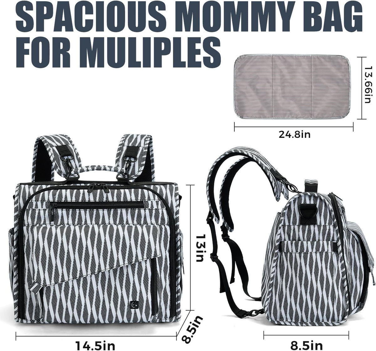 ALLCAMP Diaper Backpack, Waterproof Large Capacity Baby Bag, Multi-Function Nappy Bag with Stroller Hooks, Convertible Tote