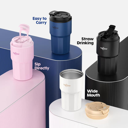 16oz Travel Coffee Mug with Flip Straw Lid Insulated Tumbler, Pink | Double Wall Stainless Steel Vacuum Tumbler for Hot and Cold Drinks, Leak-Proof and Sweat-Free for Commute and Travel,Office