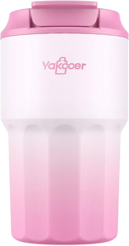 16oz Travel Coffee Mug with Flip Straw Lid Insulated Tumbler, Pink | Double Wall Stainless Steel Vacuum Tumbler for Hot and Cold Drinks, Leak-Proof and Sweat-Free for Commute and Travel,Office