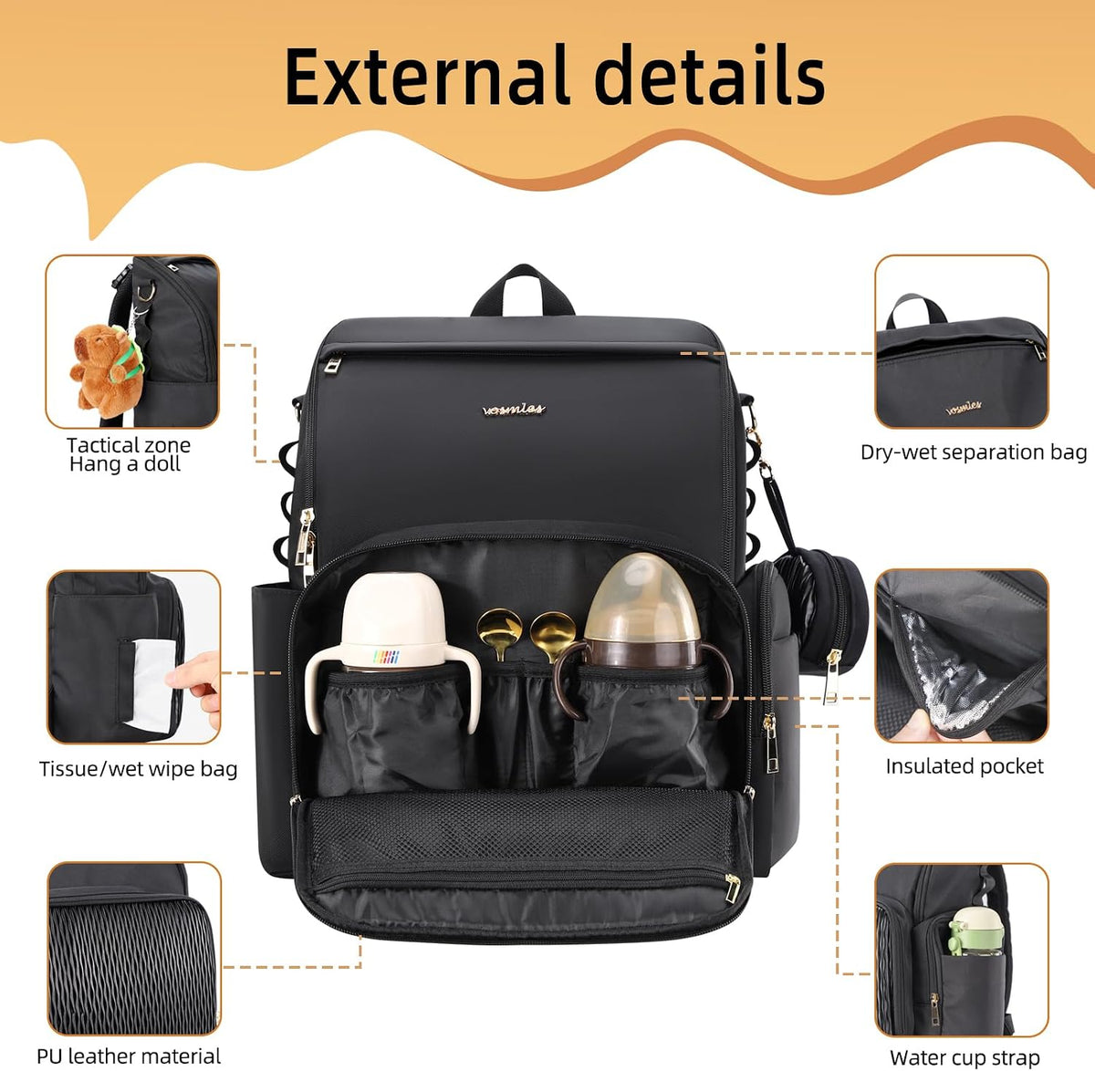 Stylish Baby Diaper Bag, Baby Bag with Changing Pad, Pacifier Case& Stroller Straps, Large Diaper Backpack Boy Girl, Water Resistant Travel Diaper Backpack for Mom Dad