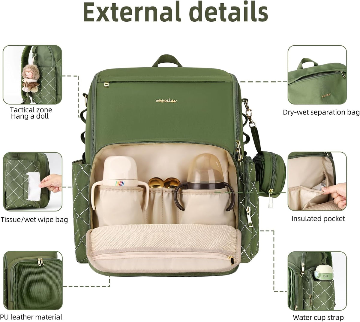 Stylish Baby Diaper Bag, Baby Bag with Changing Pad, Pacifier Case& Stroller Straps, Large Diaper Backpack Boy Girl, Water Resistant Travel Diaper Backpack for Mom Dad
