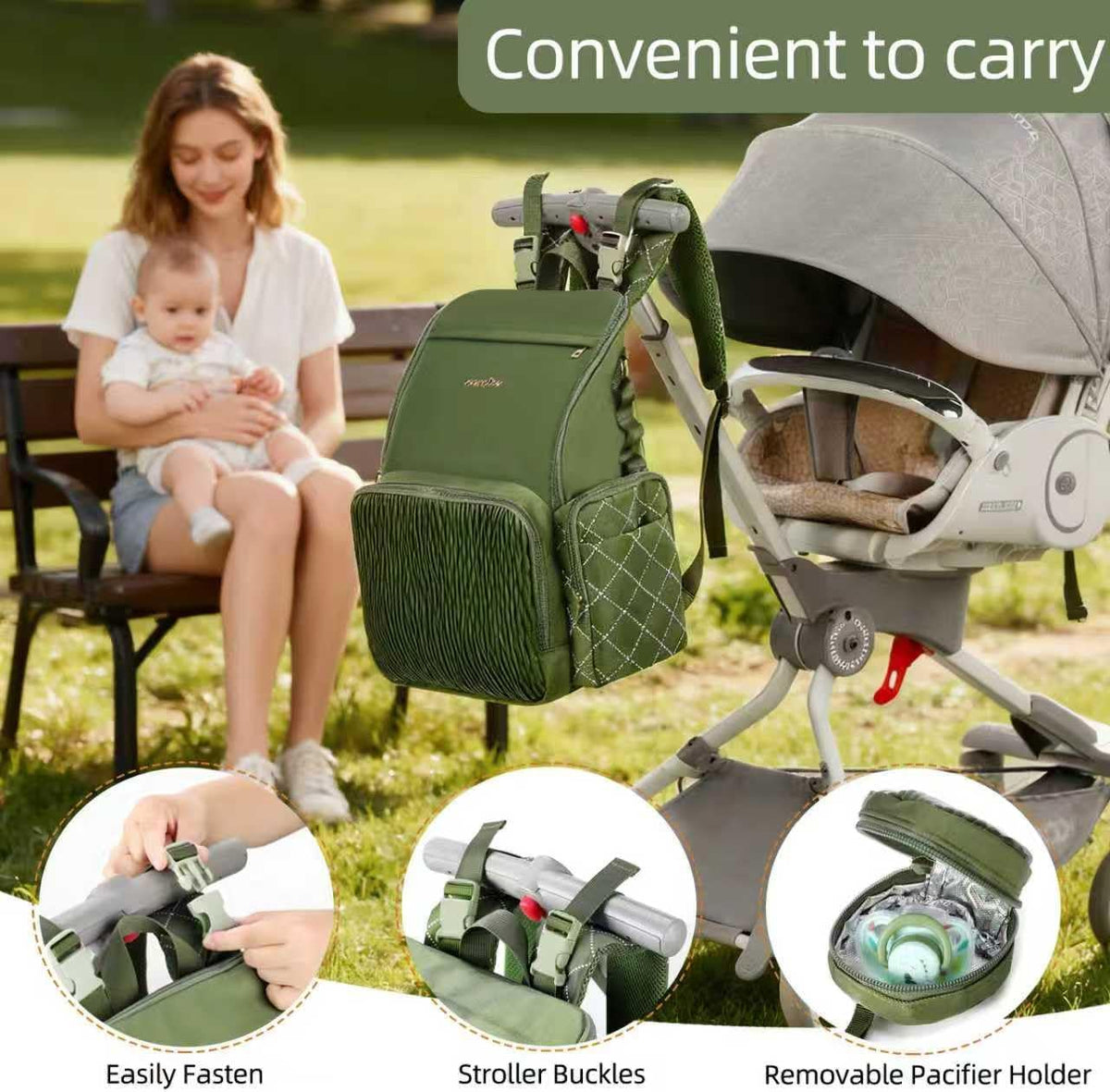 Stylish Baby Diaper Bag, Baby Bag with Changing Pad, Pacifier Case& Stroller Straps, Large Diaper Backpack Boy Girl, Water Resistant Travel Diaper Backpack for Mom Dad