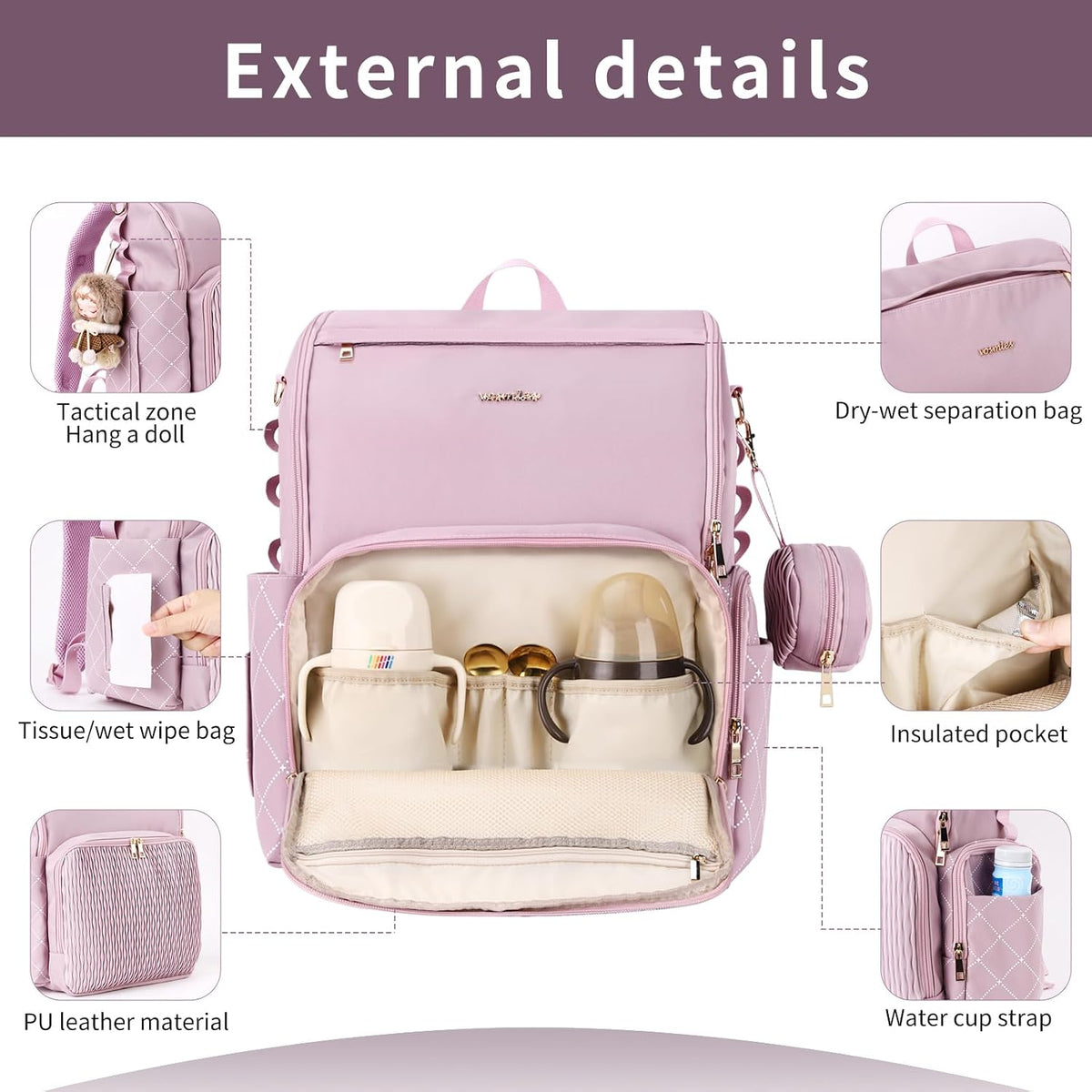 Stylish Baby Diaper Bag, Baby Bag with Changing Pad, Pacifier Case& Stroller Straps, Large Diaper Backpack Boy Girl, Water Resistant Travel Diaper Backpack for Mom Dad