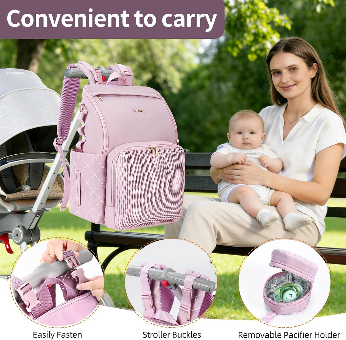 Stylish Baby Diaper Bag, Baby Bag with Changing Pad, Pacifier Case& Stroller Straps, Large Diaper Backpack Boy Girl, Water Resistant Travel Diaper Backpack for Mom Dad