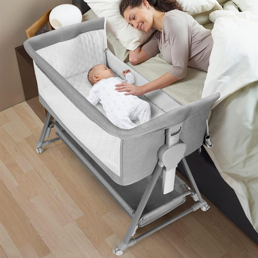 Bassinet Bedside Sleeper, Baby Bassinet with 7 Adjustable Height, Bedside Bassinet for Baby with Storage, Breathable Mesh & Mattress, Portable Bassinet Easy Folding (Pyramid Light Gray)
