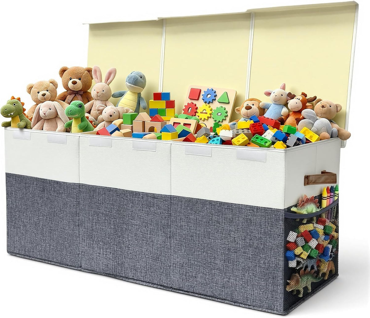 Extra Large Toy Storage Box with Lid, Collapsible Kids Toy Box, Sturdy Toys Storage Chest Bin Organizer Basket with Dividers for Kids, Boys, Girls, Living Room, Bedroom, Nursery, Playroom, 40"x14"x16"