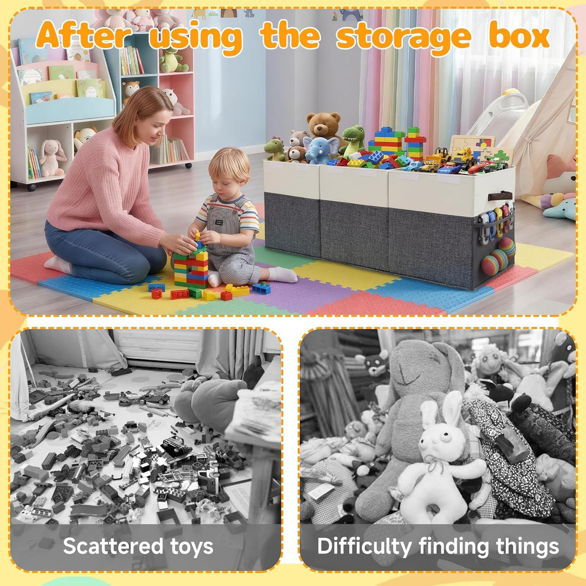 Extra Large Toy Storage Box with Lid, Collapsible Kids Toy Box, Sturdy Toys Storage Chest Bin Organizer Basket with Dividers for Kids, Boys, Girls, Living Room, Bedroom, Nursery, Playroom, 40"x14"x16"