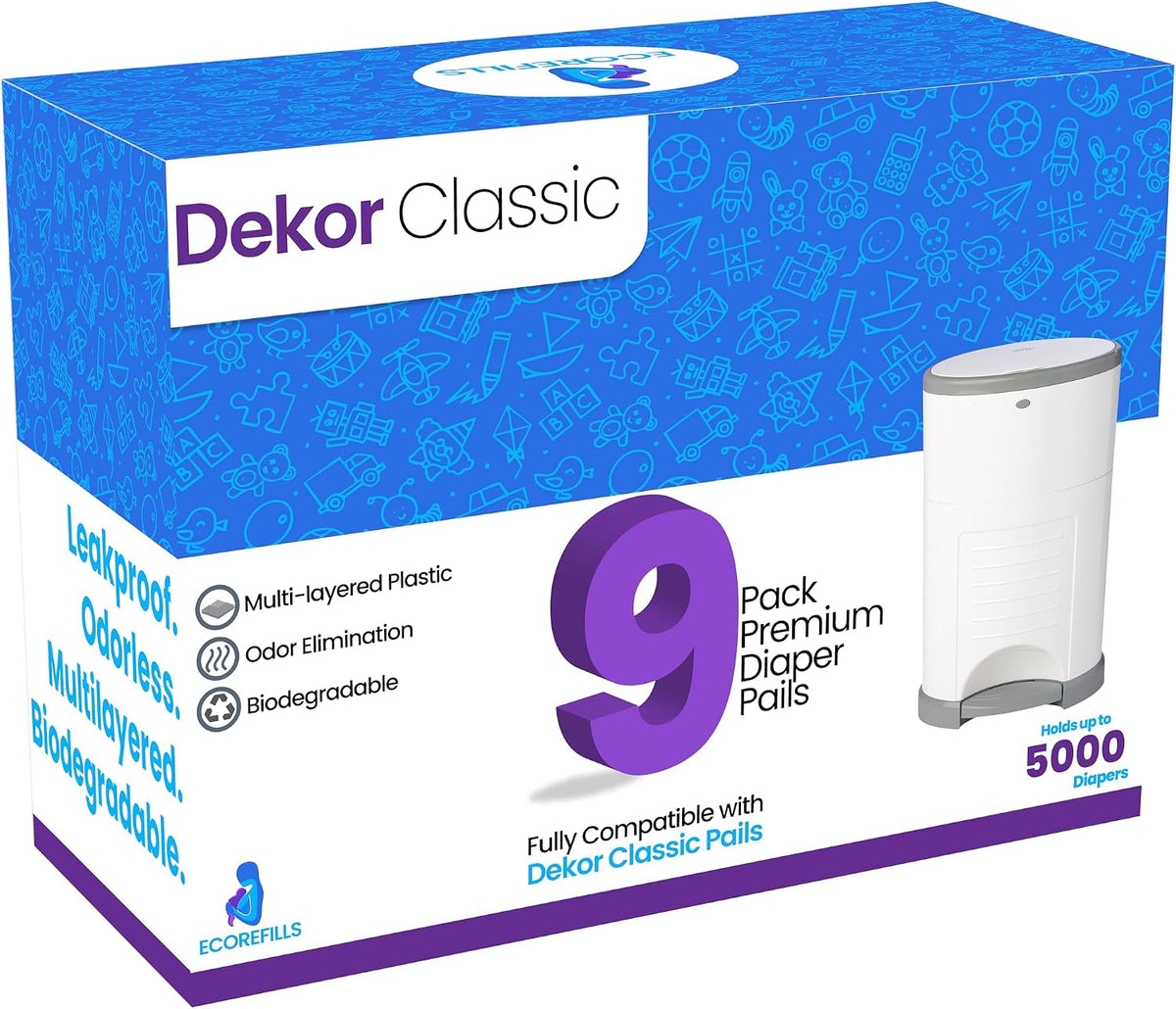 Refill Bags Compatible with DEKOR CLASSIC Diaper Pails, 9 Pack