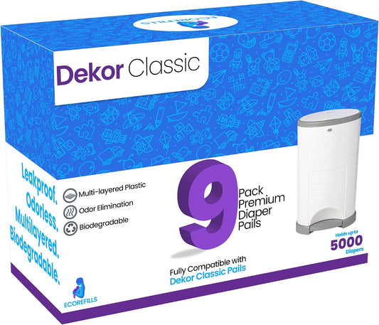 Refill Bags Compatible with DEKOR CLASSIC Diaper Pails, 9 Pack