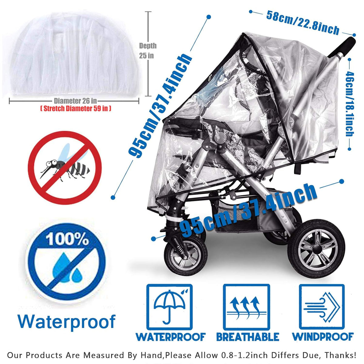 Stroller Rain Cover and Baby Stroller Mosquito Net(2-Piece Set)