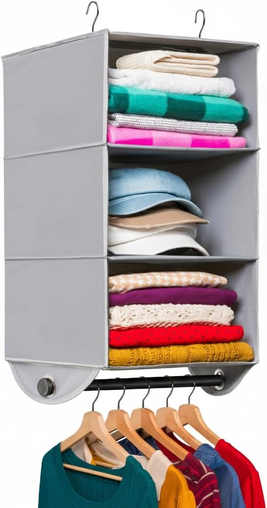 Hanging Closet Organizer with Garment Rod, 4-Shelf
