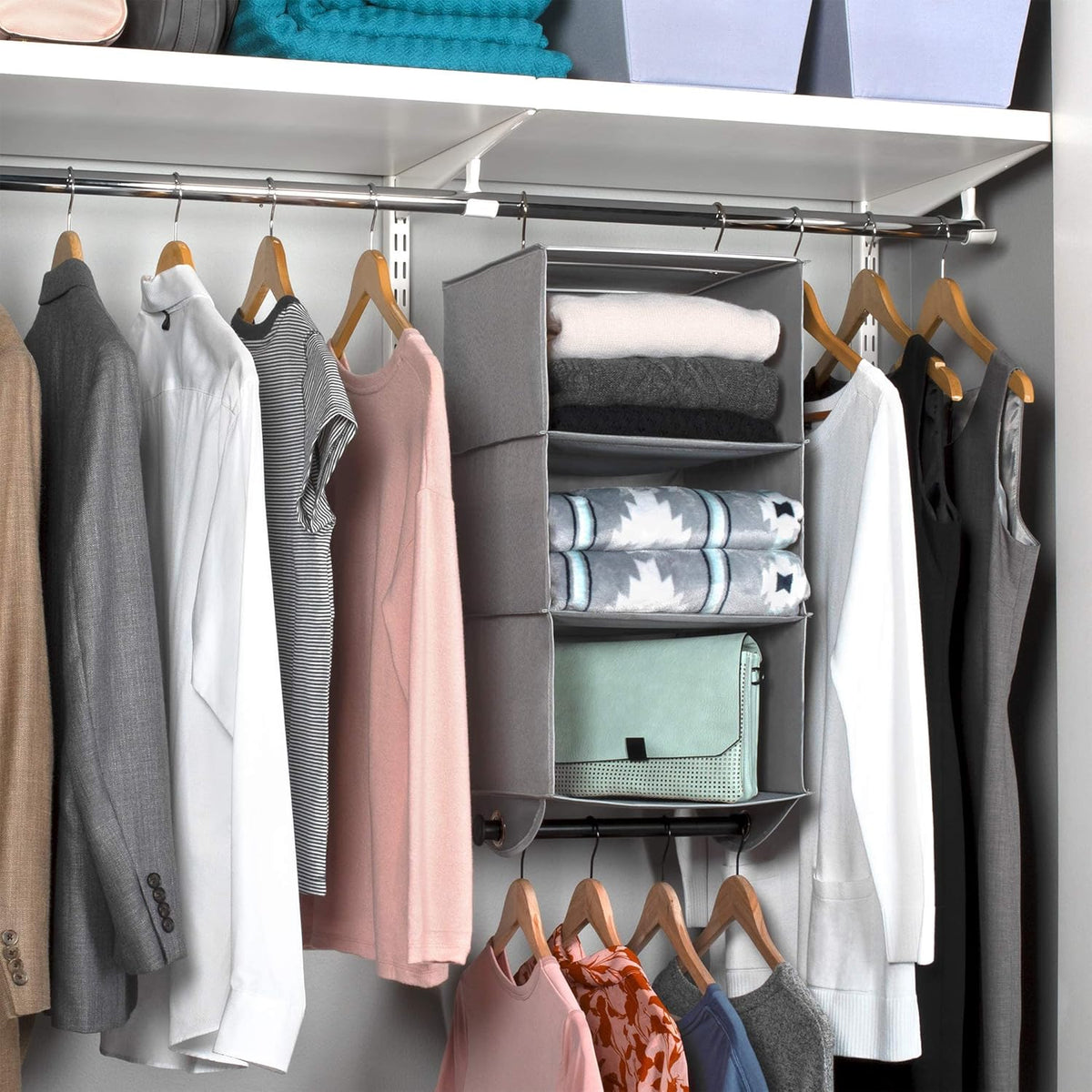 Hanging Closet Organizer with Garment Rod, 4-Shelf