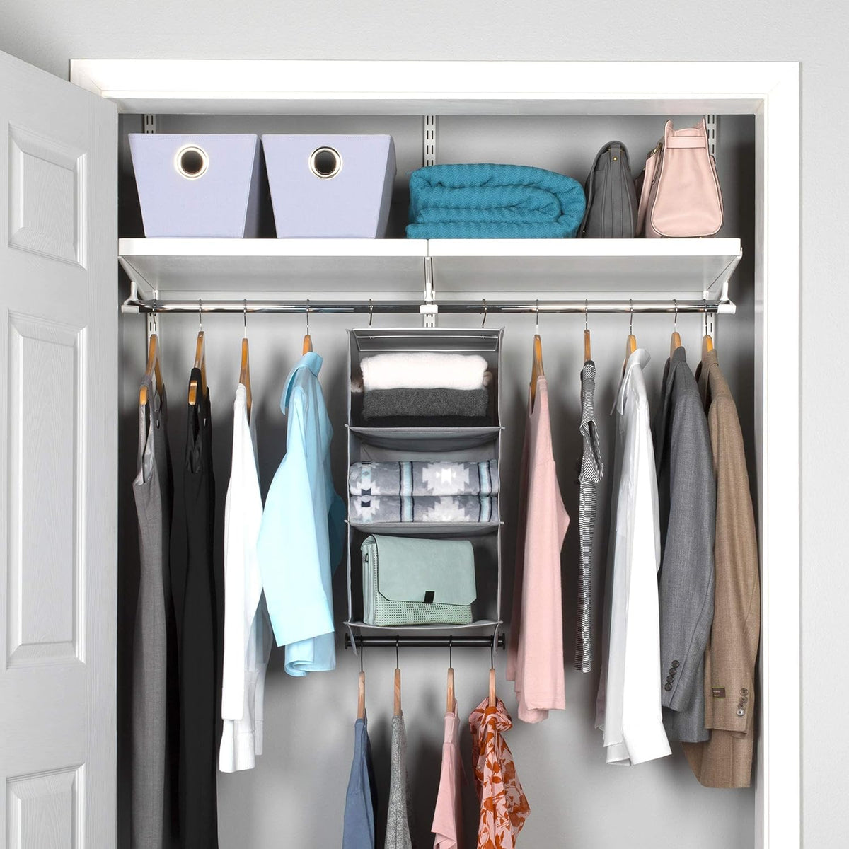 Hanging Closet Organizer with Garment Rod, 4-Shelf