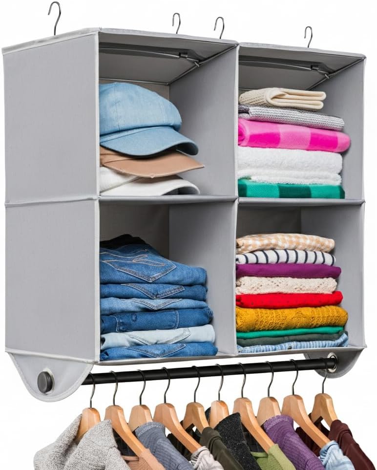 Hanging Closet Organizer with Garment Rod, 4-Shelf
