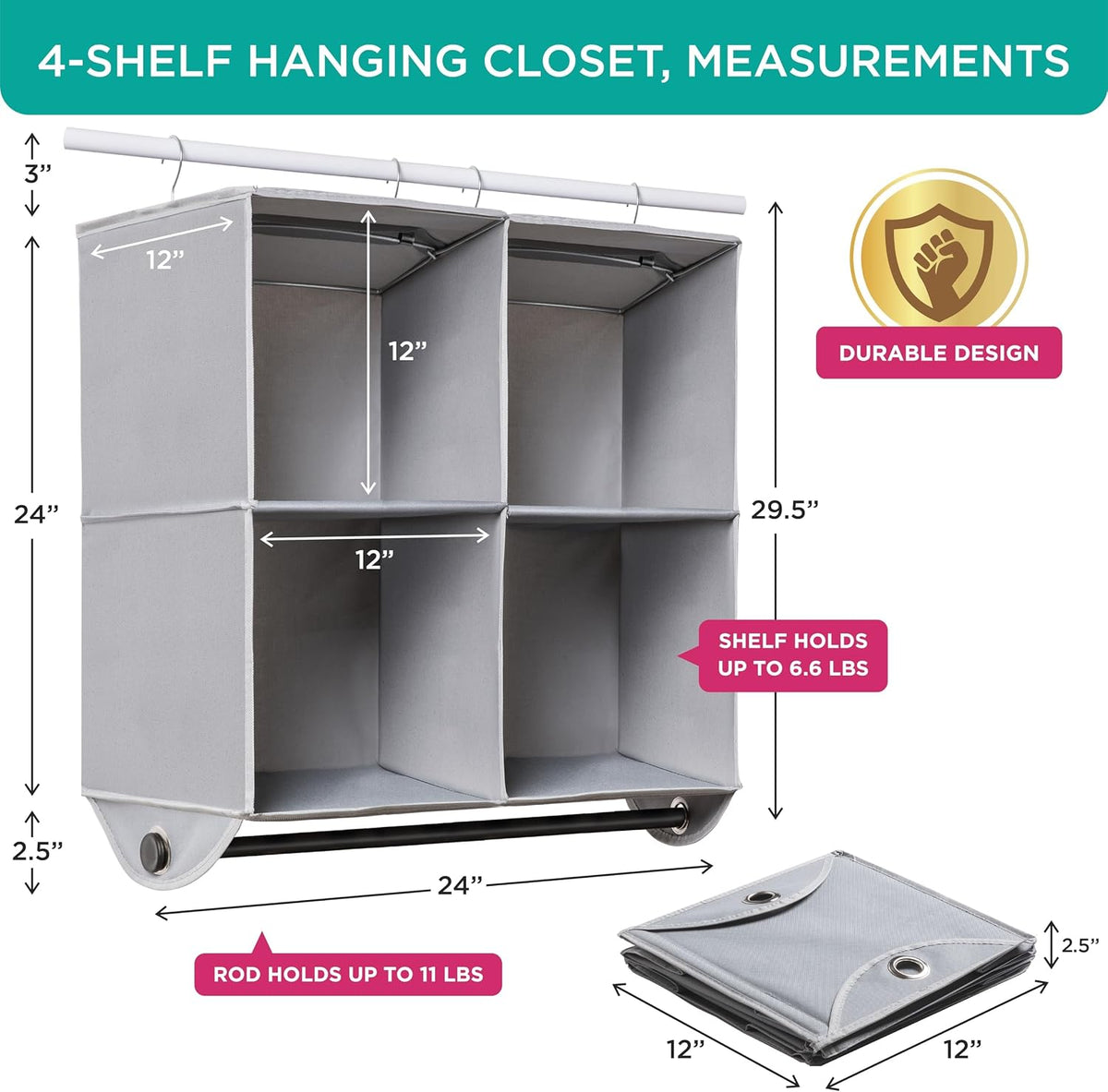 Hanging Closet Organizer with Garment Rod, 4-Shelf