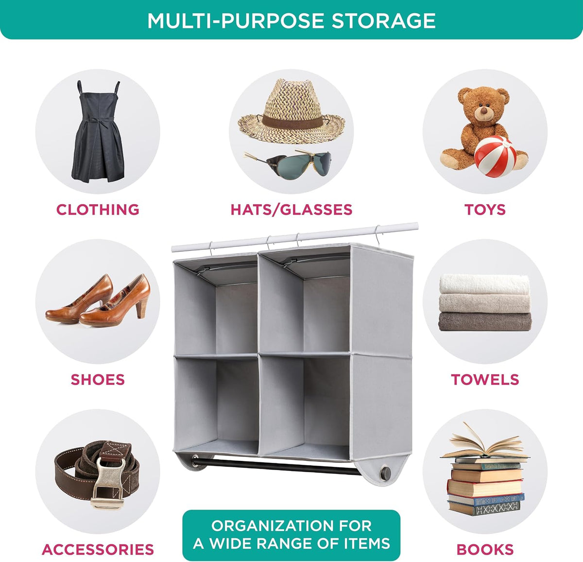 Hanging Closet Organizer with Garment Rod, 4-Shelf