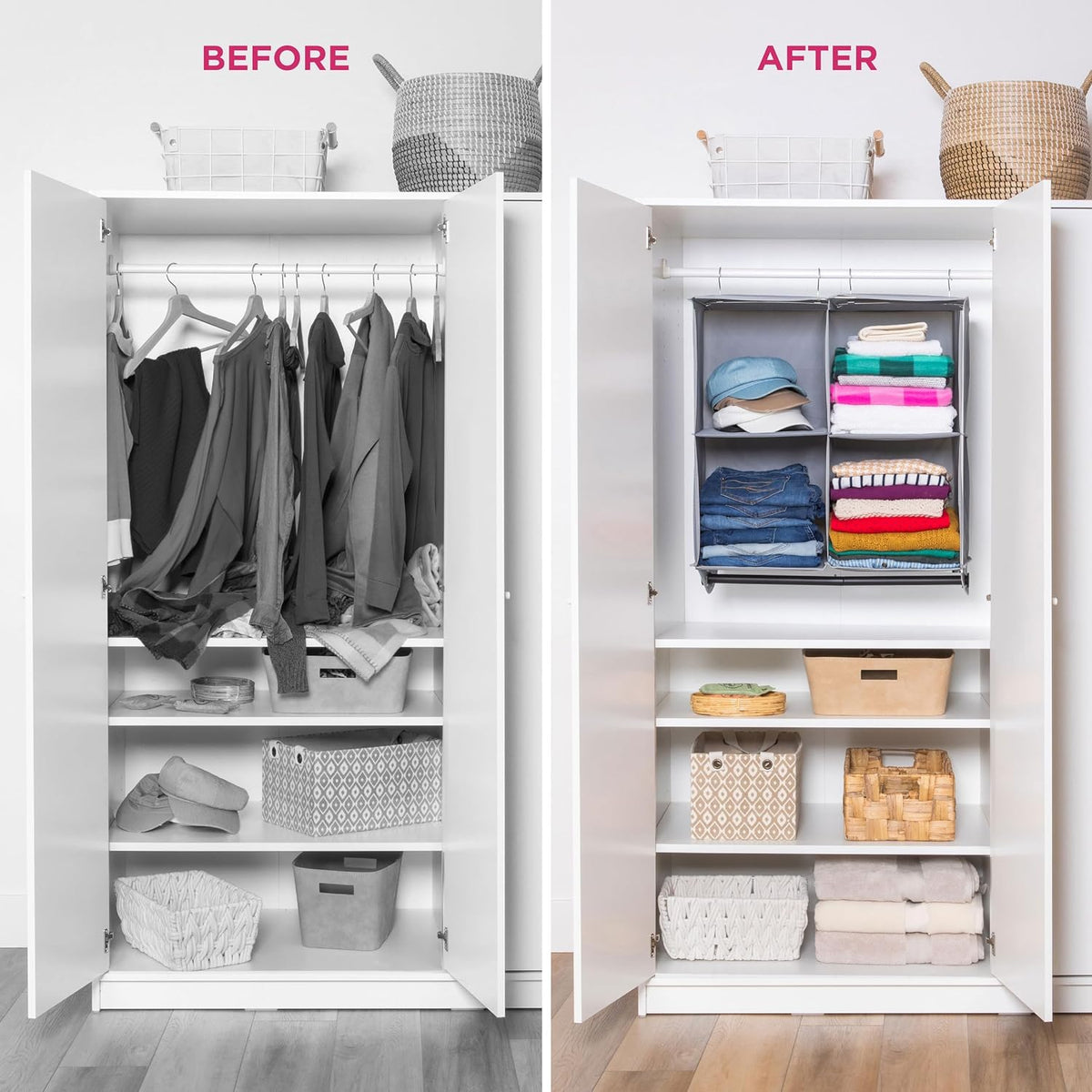 Hanging Closet Organizer with Garment Rod, 4-Shelf