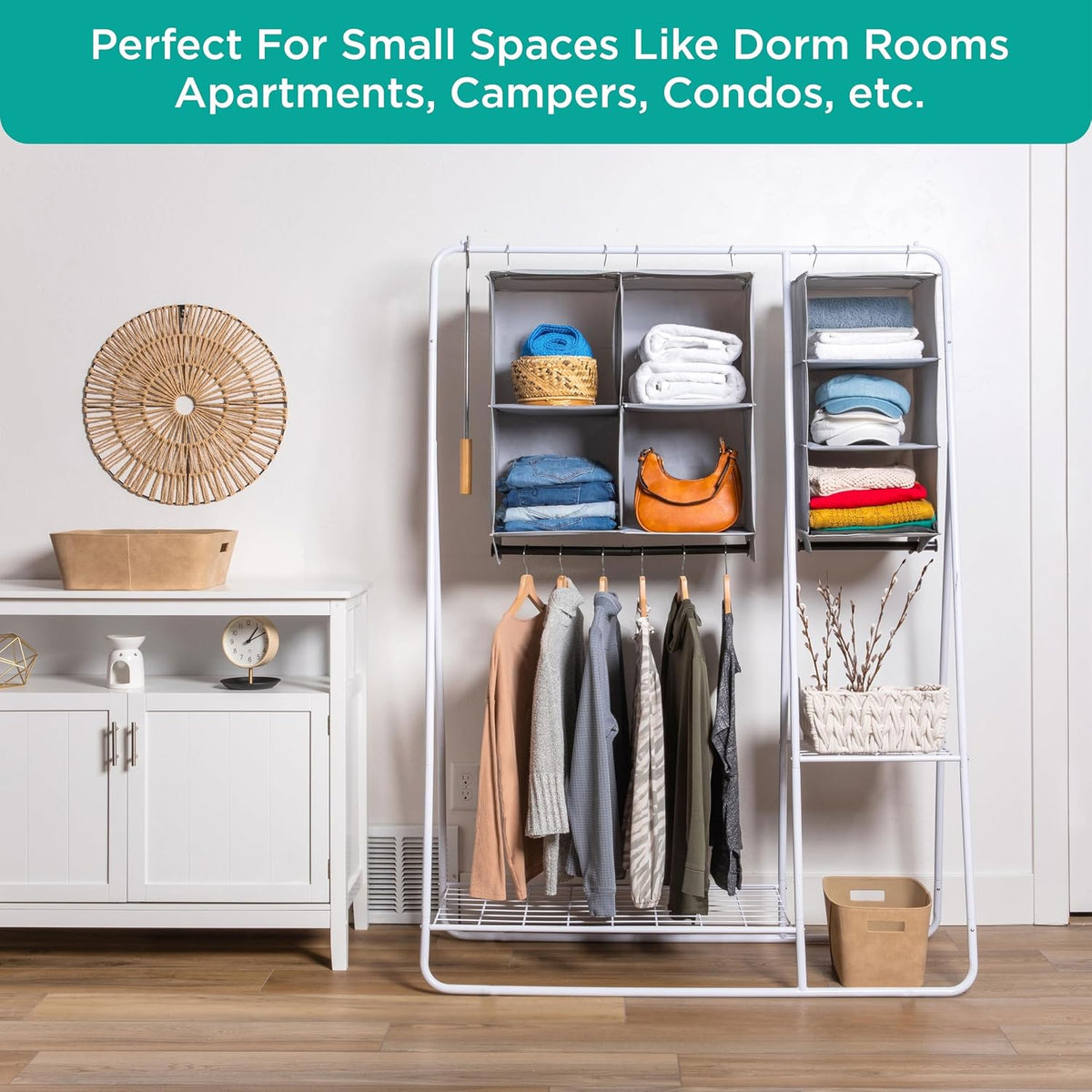 Hanging Closet Organizer with Garment Rod, 4-Shelf