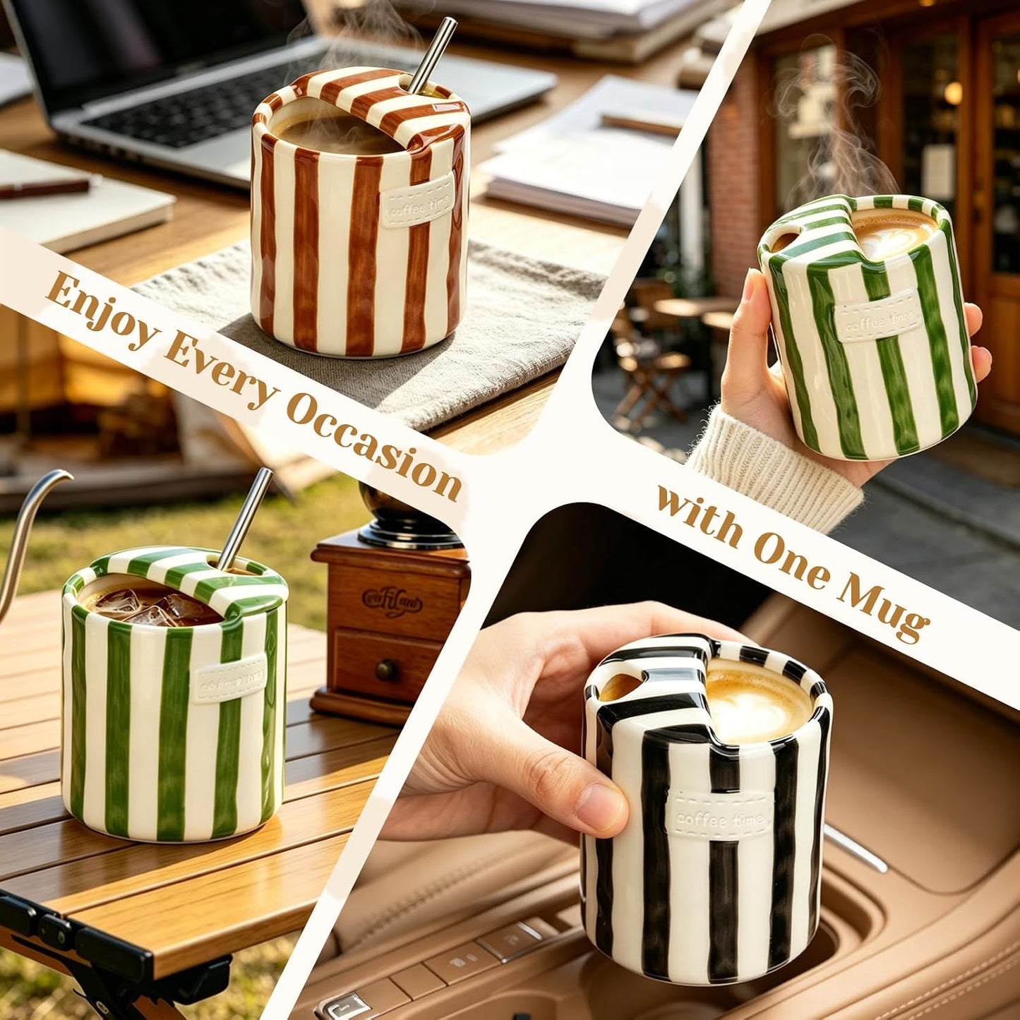 Ceramic Coffee Mug Novelty Ceramic Travel Mug Cute Espresso Cups To Go Anthropologie Latte Cups Aesthetic Green Pottery Mugs With Sip Hole 10oz Clay Striped Vintage Handmade Coffee Cup for Home