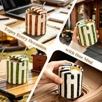 Ceramic Coffee Mug Novelty Ceramic Travel Mug Cute Espresso Cups To Go Anthropologie Latte Cups Aesthetic Green Pottery Mugs With Sip Hole 10oz Clay Striped Vintage Handmade Coffee Cup for Home