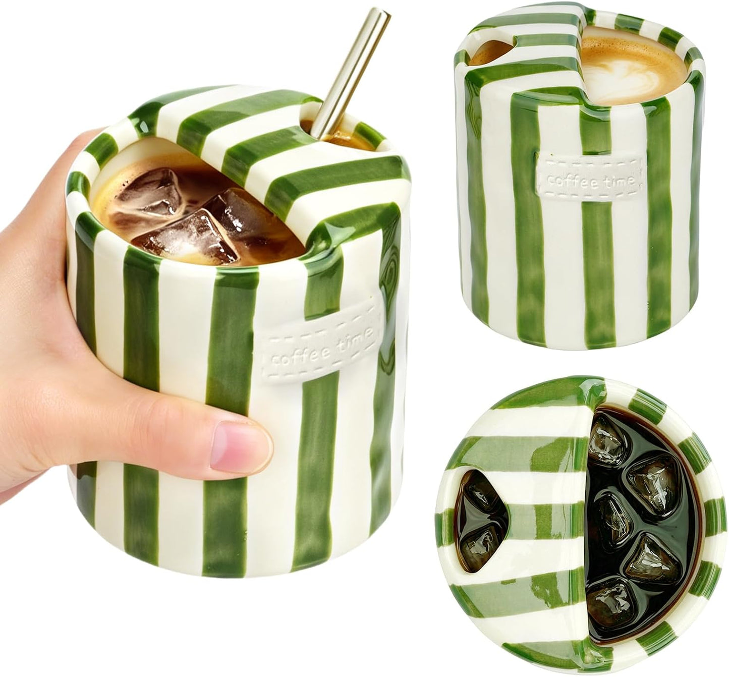 Ceramic Coffee Mug Novelty Ceramic Travel Mug Cute Espresso Cups To Go Anthropologie Latte Cups Aesthetic Green Pottery Mugs With Sip Hole 10oz Clay Striped Vintage Handmade Coffee Cup for Home
