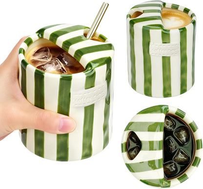 Ceramic Coffee Mug Novelty Ceramic Travel Mug Cute Espresso Cups To Go Anthropologie Latte Cups Aesthetic Green Pottery Mugs With Sip Hole 10oz Clay Striped Vintage Handmade Coffee Cup for Home