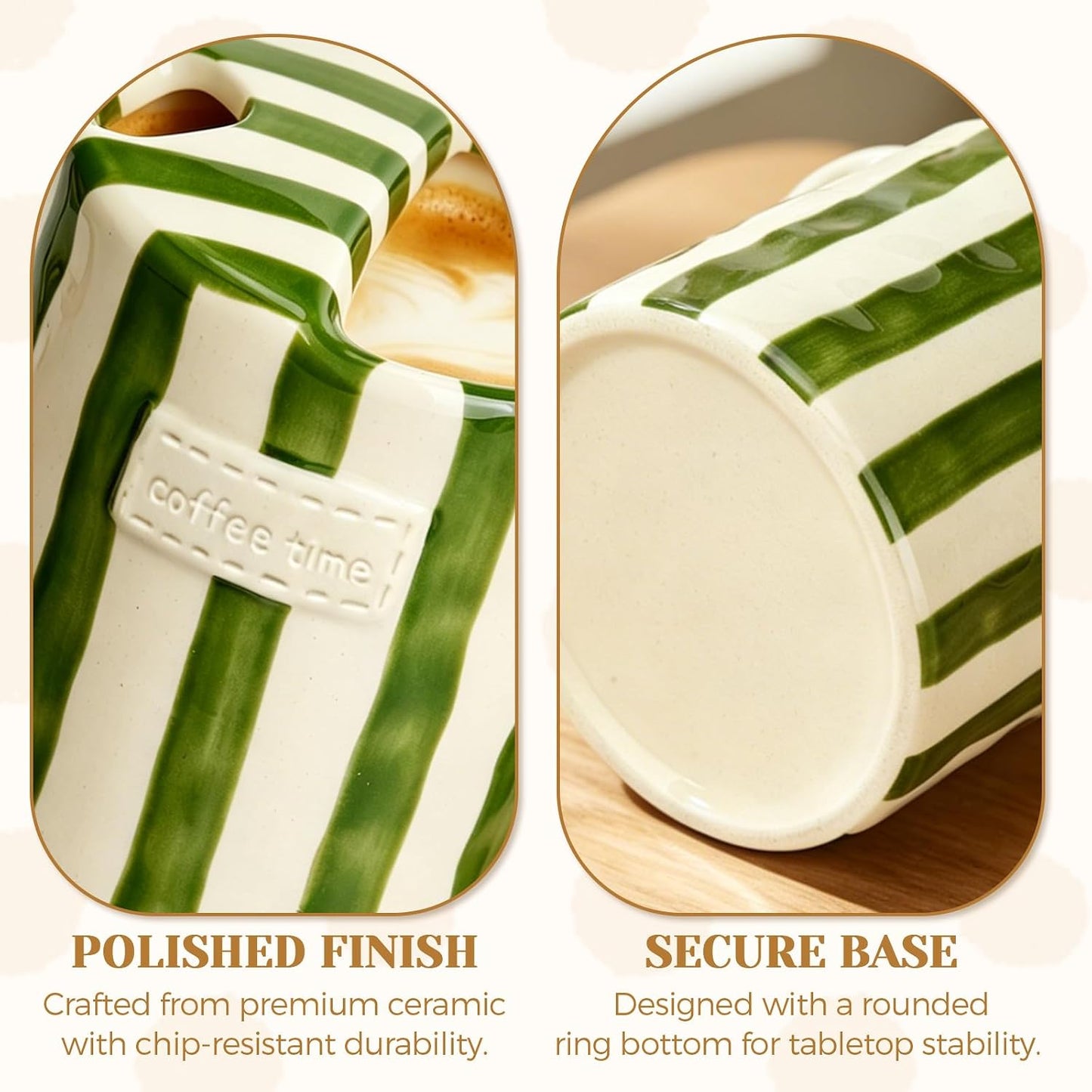 Ceramic Coffee Mug Novelty Ceramic Travel Mug Cute Espresso Cups To Go Anthropologie Latte Cups Aesthetic Green Pottery Mugs With Sip Hole 10oz Clay Striped Vintage Handmade Coffee Cup for Home
