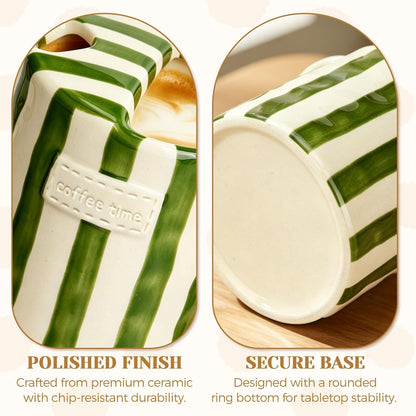 Ceramic Coffee Mug Novelty Ceramic Travel Mug Cute Espresso Cups To Go Anthropologie Latte Cups Aesthetic Green Pottery Mugs With Sip Hole 10oz Clay Striped Vintage Handmade Coffee Cup for Home