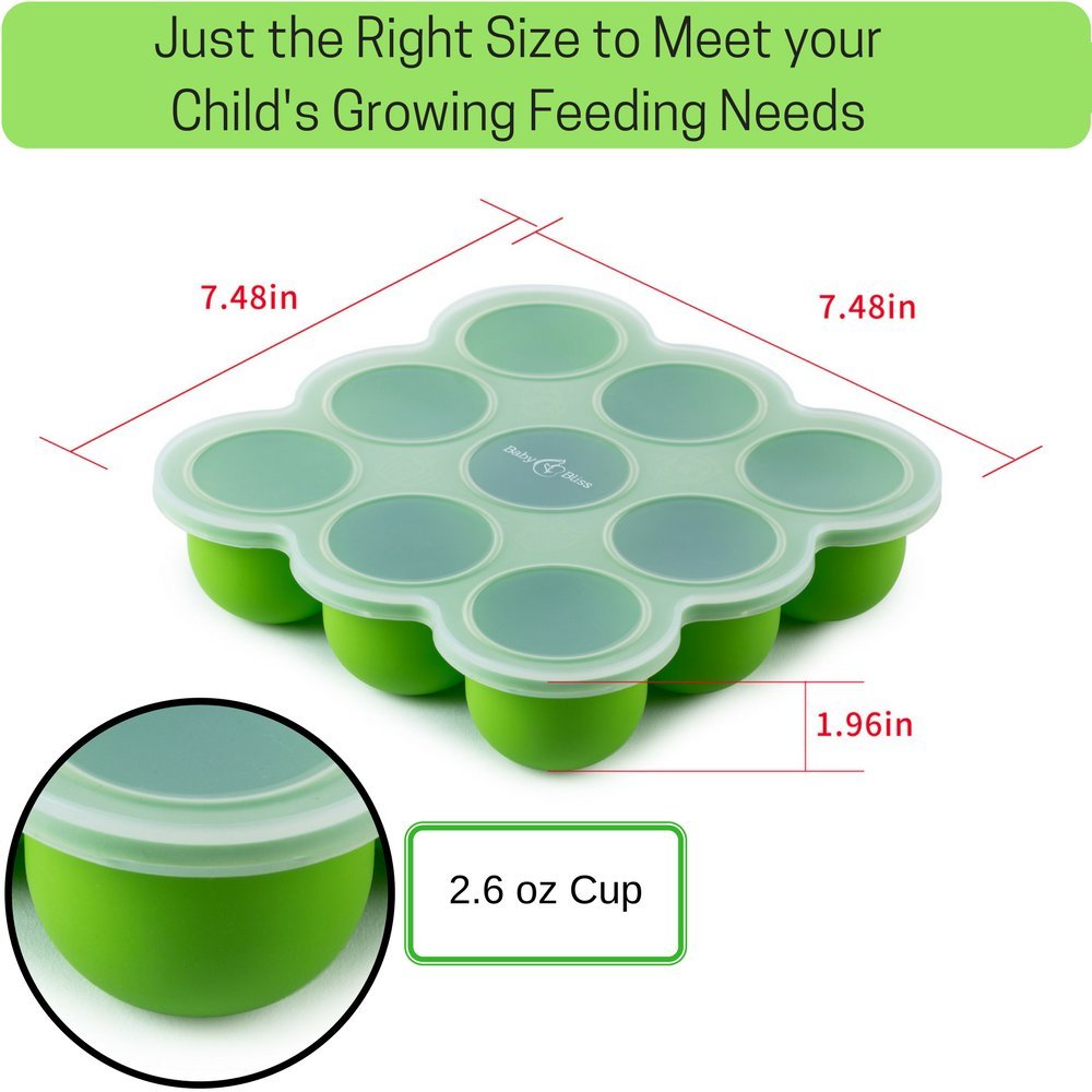 Silicone Baby Food Storage Container and Freezer Tray - Food-Grade Silicone Mold with Clip-On Lid - 9 x 2.5 Oz Easy Out Portions (Green)