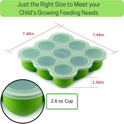 Silicone Baby Food Storage Container and Freezer Tray - Food-Grade Silicone Mold with Clip-On Lid - 9 x 2.5 Oz Easy Out Portions (Green)