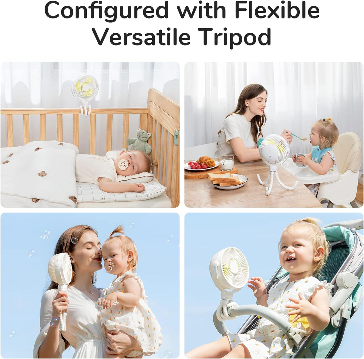 JISULIFE Mini Stroller Fan 4000mAh Battery Operated with 4 Speeds, Rechargeable 720°Rotatable, Clip on for Baby Carseat/Crib/Golf Cart/Treadmill -White