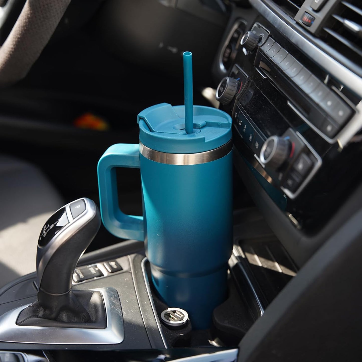 40 oz Insulated Tumbler Water Bottle with Handle, Straw Lid | BPA-free and dishwasher safe; made for gym, travel, coffee and gifting, 2 straws, cup holder friendly,Indigo Black
