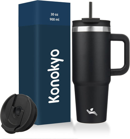 40 oz Insulated Tumbler Water Bottle with Handle, Straw Lid | BPA-free and dishwasher safe; made for gym, travel, coffee and gifting, 2 straws, cup holder friendly,Indigo Black