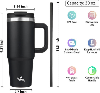 40 oz Insulated Tumbler Water Bottle with Handle, Straw Lid | BPA-free and dishwasher safe; made for gym, travel, coffee and gifting, 2 straws, cup holder friendly,Indigo Black