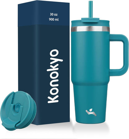 40 oz Insulated Tumbler Water Bottle with Handle, Straw Lid | BPA-free and dishwasher safe; made for gym, travel, coffee and gifting, 2 straws, cup holder friendly,Indigo Black