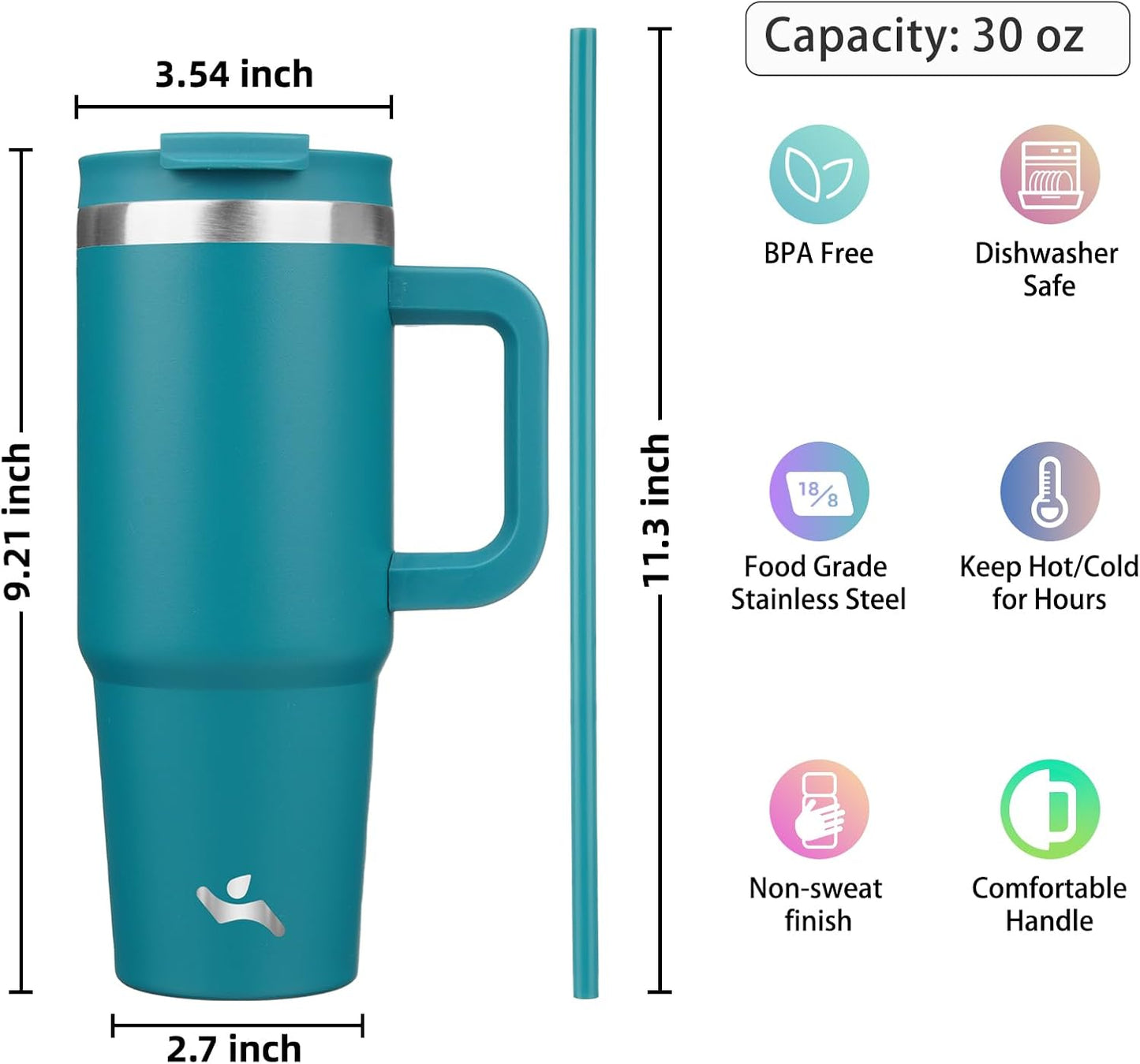 40 oz Insulated Tumbler Water Bottle with Handle, Straw Lid | BPA-free and dishwasher safe; made for gym, travel, coffee and gifting, 2 straws, cup holder friendly,Indigo Black