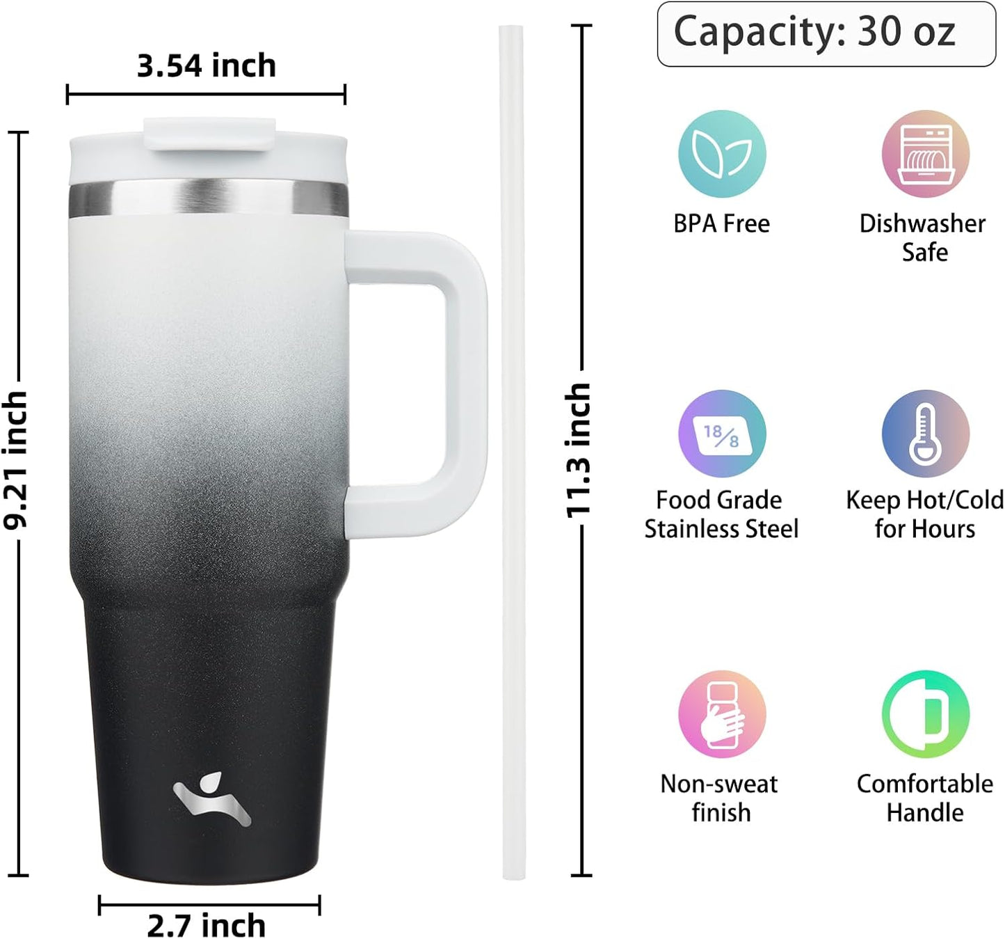 40 oz Insulated Tumbler Water Bottle with Handle, Straw Lid | BPA-free and dishwasher safe; made for gym, travel, coffee and gifting, 2 straws, cup holder friendly,Indigo Black