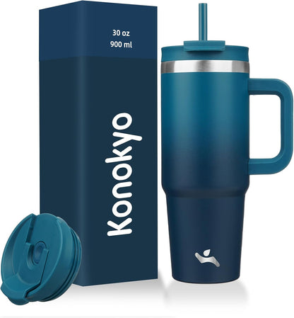 40 oz Insulated Tumbler Water Bottle with Handle, Straw Lid | BPA-free and dishwasher safe; made for gym, travel, coffee and gifting, 2 straws, cup holder friendly,Indigo Black