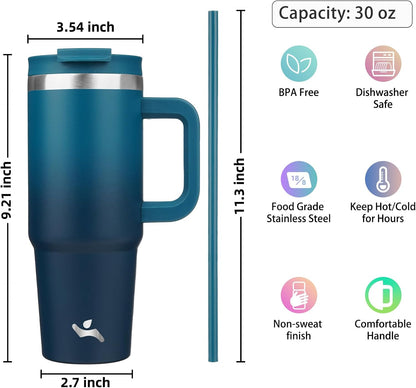 40 oz Insulated Tumbler Water Bottle with Handle, Straw Lid | BPA-free and dishwasher safe; made for gym, travel, coffee and gifting, 2 straws, cup holder friendly,Indigo Black
